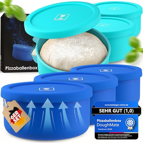 DoughMate Pizzaballenbox mit Deckel 6er Set - Ideal als Pizzabox, Teigbox, Gärbox, Für bis zu 350g Pizzateig, Anti-Haft-Silikon, Gefrier- und Spülmaschinengeeignet, Lebensmittelecht
