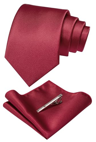 JEMYGINS Set Cravate Homme avec Pochette et Pince a Cravate Unie pour Mariage Business et Ceremonie Rouge Profond