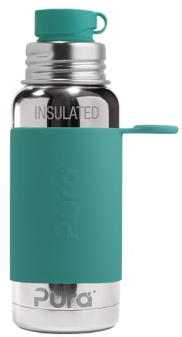 Pura Sport Isolierte Flasche mit Hülle und Silikon-Deckel mit großer Öffnung, 473 ml, Edelstahl, warm und kalt, auslaufsicher und auslaufsicher, für Kinder, Kleinkinder, Vorschüler, Minzgrün
