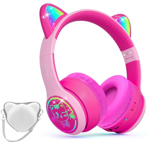 IFECCO Casque Audio Enfant Bluetooth 6.0 avec Microphone | Casque d'écoute à Lumière LED pour Chat avec étui Casque Bluetooth sans Fil Enfant pour Ecole Tablette Téléphone