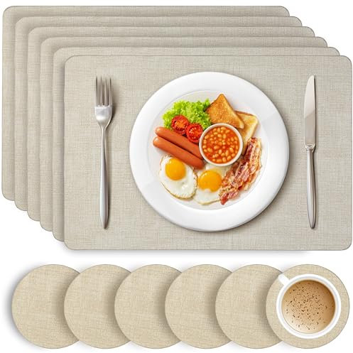 HEFTMAN Beige Placemats and Coasters - Set of 6 Large PU Leather Coasters and Place Mats for Table, Heat Resistant up to 100℃, Stain Resistant Wipe Clean Placemats, 43cm x 30cm