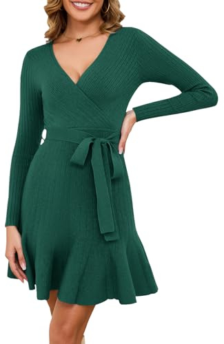 Arach&Cloz Jumper Dress for Women UK V Neck Winter Knitted Wrap Dress Long Sleeve Casual Party Dress with Belt