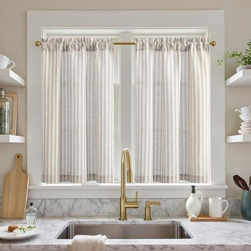 TOPICK Tende a righe in lino con strisce, opache, per cucina, sala da pranzo, bagno, piccola finestra, 65 x 115 cm, grigio su beige