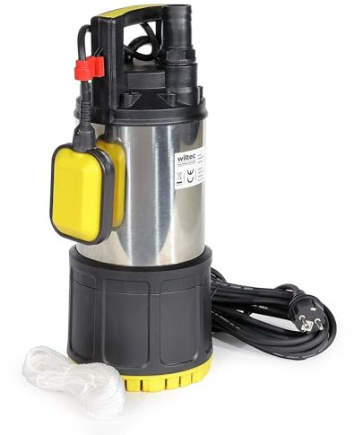 Wiltec Pompe à eau immergée 1000 W – 5500 l/h – Refoulement max. 30 m, profondeur max. 7 m – en PPO et acier – avec Interrupteur à flotteur, Thermorégulateur – Pompe submersible Eau propre