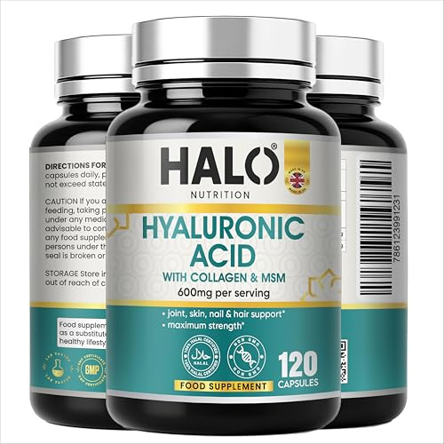 Hyaluronic Acid Supplement 600mg (500-700 KDA) - 120 Vegan Triple Strength Hyaluronic Acid Capsules - 4 Month Supply - Natural Skin, Hair & Joint Supplement for Women & Men- Halo Nutrition