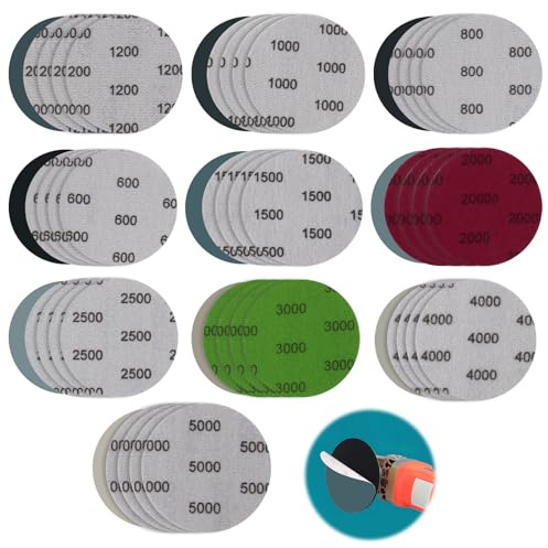 50 Discos de Lija 75mm Autoadherentes Grano 600 a 5000 Papel de Lija al Agua Seco y Húmedo para Pulir Faros Coche Metal Madera Pintura Plástico y Acabado Fino
