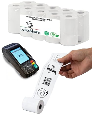 Rotoli Pos 57x20 mt Carta Termica – Confezione da 10 Rotoli – Senza BPA, Alta Sensibilità di Stampa – Omologato Valenza Fiscale Per Registratori di Cassa, Bar e Tabacchi - Anima 12mm - Made in Italy