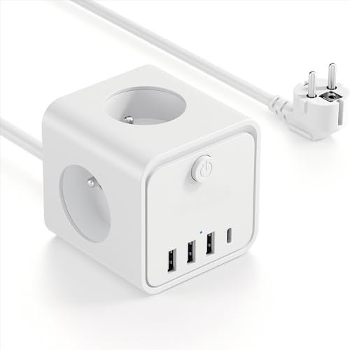 7 en 1 Multiprise USB Multiple avec 3 Prises Française Multiple avec 1 Type C et 3 Ports USB, Multiprise avec Interrupteur Parafoudre pour Domicile, Bureau, 2M