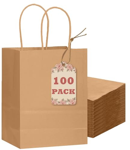 Gcardist Confezione da 100 sacchetti regalo marrone con manici all'ingrosso 21cm x 15cm x 8cm piccole dimensioni carta kraft multiuso (21x15x8 cm, piccole dimensioni)