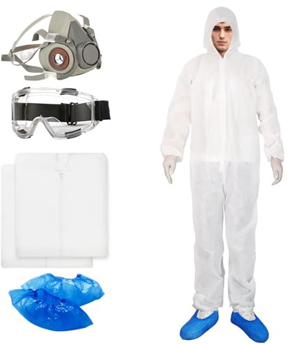 Hazmat Suits & Mask- 2 Pack Disposable SMS Protective Coveralls,Mask,Safety Glasses,Shoe Covers(X-Large)