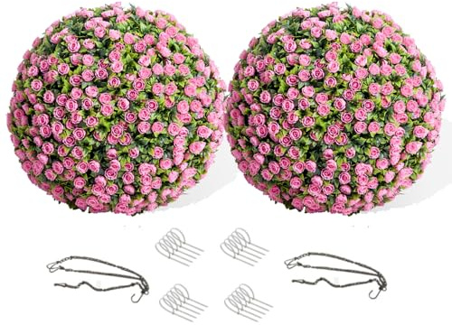 Gaderth 15.7 Artificial Topiary Balls Outdoor, Faux Hanging Rose Balls Set of 2, Artificial Topiary Flower Balls with Hanging Chains and Zip Tiles, Pink