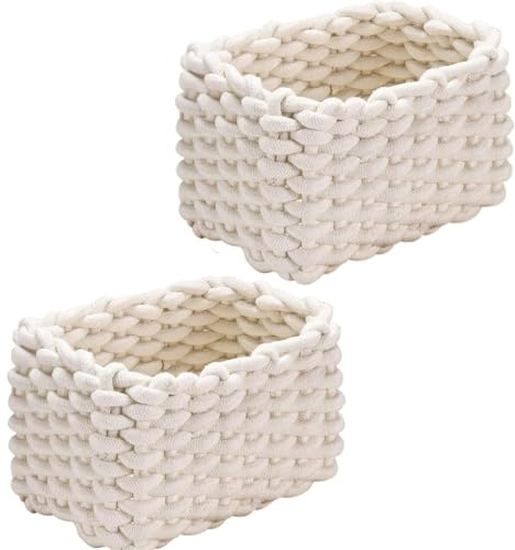 Cesta de almacenamiento de algodón, 19 x 15 x 12 cm, cesta tejida, cesta, cesta tejida, organizador para baño, ropa y accesorios del hogar - Blanco