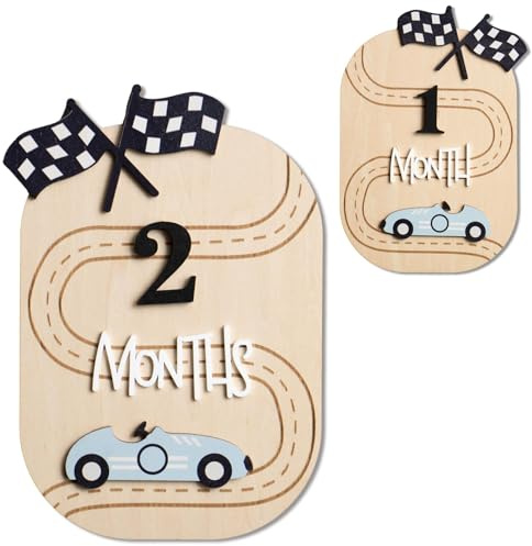 AEKZOX 1 Juego de Hitos para Bebés (1-12), DIY, Madera con Diseño de Flores y Figuras Intercambiables, Perfectas Capturar el Crecimiento, Mensuales, Nacimiento, Bautizo, Cumplemes, y Placas