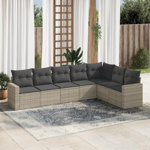 Frdhee Panca da giardino ad angolo, 7 pezzi, set di divano da giardino, con cuscino, grigio chiaro, in polyrattan, per giardino, balcone, terrazza, montaggio rapido, design semplice