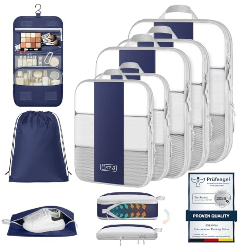Organisateur Valise 8 Pièces – Sac de Compression Voyage en Polyester Premium, Cubes de Rangement Compressibles avec Sac de Toilette Suspendu, Sac à Chaussures et Sac à Linge, Accessoires Voyage, Bleu