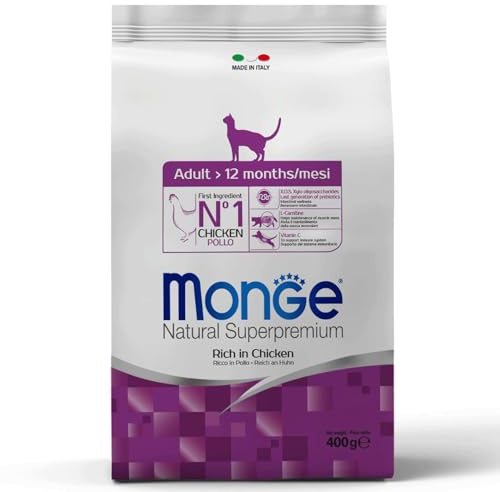 Monge Natural Superpremium ADULT CHICKEN, Trockenfutter für erwachsene Katzen (Futter aus Huhn, hochwertige Rezeptur, mit Omega-3-Fettsäuren, ohne Zusatz von Farb- und Konservierungsstoffen, 400 g)