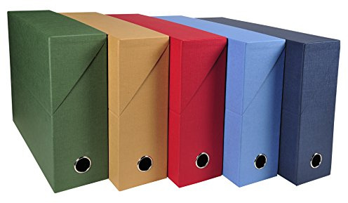 Exacompta - Ref 89520E - Låda med 5 transferhöljen i tyg - 90 mm rygg - med metallögla - för A4-format - mått 25,5 x 34 x 9 cm - 5 olika färger - levereras monterad