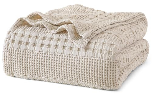 PHF 100% Cotton Waffle Weave Blanket King Size for Bed, Soft Lightweight & Breathable for Spring and Summer, All-Season Comfort, Luxury Aesthetic Blanket for Home Decor, 108x90, Light Taupe/Oatmeal