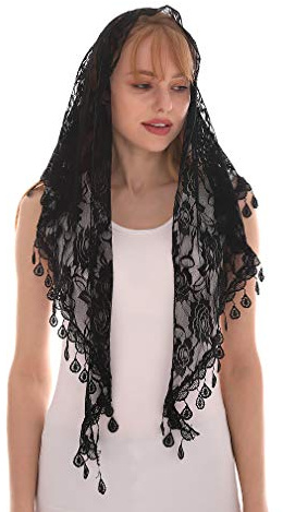 LMVERNA Lace Tassel Sheer Floral Triangle Mantilla Scarf Printed Silk Soft Shawl Scarf (Black)