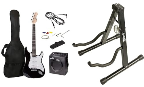 RockJam Full Size Electric Guitar Kit with 10-Watt Guitar Amp, Lessons, Strap, Gig Bag, Picks, Whammy, Lead and Spare Strings - Black & Universal Portable A-frame Guitar Stand for Acoustic Guitar