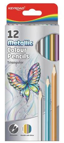 Keyroad, 971756, crayons de couleur AA8Metallic de haute qualité/forme triangulaire – étui en carton – couleurs mélangées/adultes et enfants/tige en graphite souple en bois