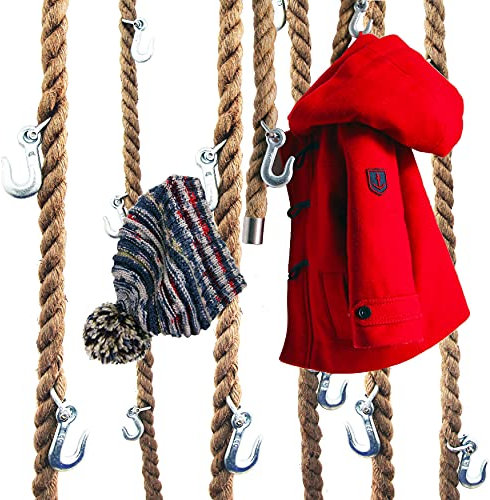 LeTOMA Garderobe aus Jute-Seil mit Metall-Haken zum Aufhängen an der Decke, Wand im Industrial-Design - Praktisch, elegant, platzsparend - 1x Tau-Schnur 180cm lang und 5 robuste Kranhaken aus Stahl