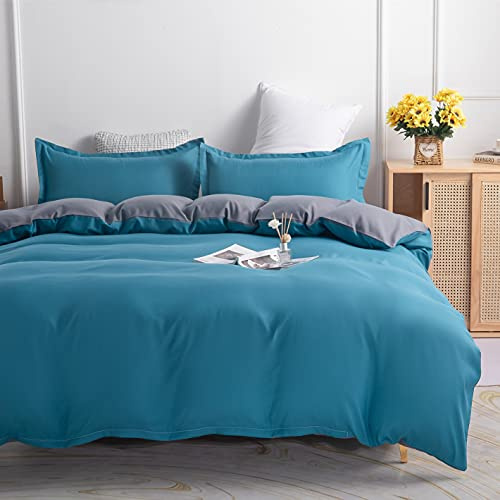 Gezu Parure da letto 240 x 260 cm, blu anatra grigio, set di copripiumino per 2 persone, in microfibra, tinta unita, reversibile, con 2 federe 65 x 65 cm, con chiusura lampo