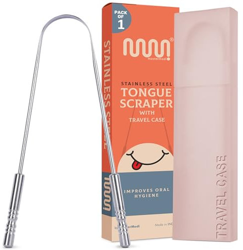 MasterMedi, Zungenschaber mit Reiseetui, 1-teilig, gegen Mundgeruch, für Erwachsene und Kinder, aus Edelstahl, einfach zu bedienen, zur Hygiene und Selbstpflege