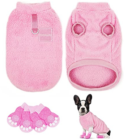 VSSHE Dog Sweater, Fashion Pet Winter Clothes Socks Set, Soft Warm Dog Cat Jumper, Fleece Chihuahua Sweatshirt Pets Paw Protector, Pet Winter Supplies for Puppy Small Medium Large Dogs(Pink,S)
