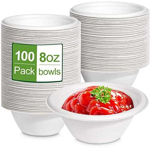 Groecycle 8 oz Small Disposable Bowls, 100 Pack Compostable Paper for Ice Cream, Snack, Biodegradable Made of White Bagasse