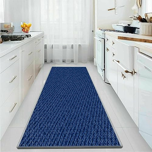 YANHONG Handwebteppich Läufer Teppich 120 x 420 cm rutschfest Pflegeleicht rutschfest Teppichläufer auf Maß mit Anti-Rutsch Unterseite für Drinnen und Draußen, Dunkelblau