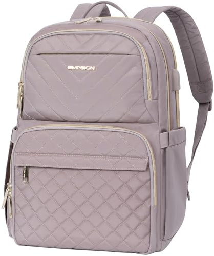 EMPSIGN Laptop Backpack Purse for Women and Men with USB Charging Port, 15.6 Inch Travel Water Resistant Quilted Backpack, High-Capacity 30L Work Business Computer Backpack, Quilted Grey Pink