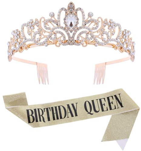 Lunriwis Birthday Geburtstag Geburtstagskrone Schärpe, Gold Geburtstag Kristall Tiara Krone Schärpe mit Birthday Queen, Mädchen Geburtstag Tiara für Birthday Crown Prinzessin Haar-Zusätze