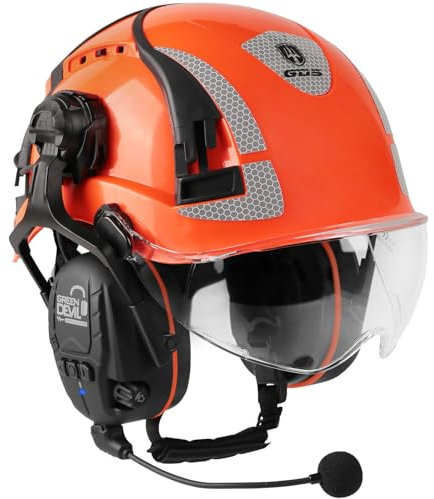 GREEN DEVIL X-Armor Casque de protection avec protection auditive active et visière transparente - Casque de sécurité ABS EN 397 - Conforme à la norme EN352 - SNR 32 dB - Avec Bluetooth (orange)