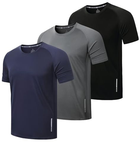 ZENGVEE 3 Pack Gym Shirts Men Quick Dry Short Sleeve Sport T-Shirts Breathable Moisture Wicking Athletic Running Tops Mens Workout Tops(0426-Black Grey Navy-L)
