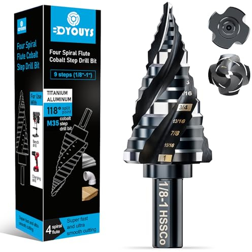 Four Spiral Flute M35 Step Drill Bit Set 1/8-1(9 Sizes), 3/8 Shank for Metal Step Drill bit, Impact Resistant Cobalt Step Drill Bit, for Stainless Steel, Wood, Aluminum, Plastic