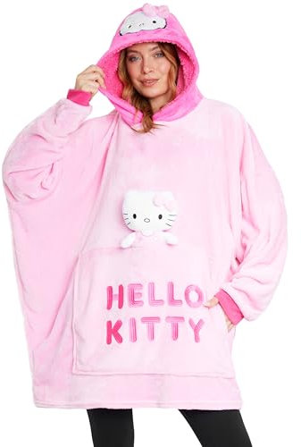 Hello Kitty Sanrio Sudaderas Mujer con Capucha, Kuromi Manta con Mangas y Peluche Adjunto, Regalos de Anime para Ella (Rosa Hello Kitty)