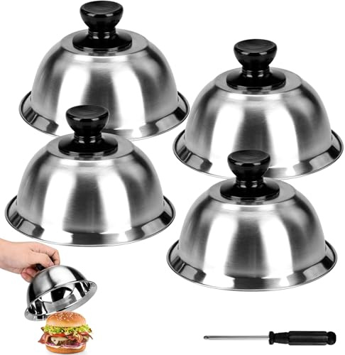 MAMIELIZ 4 Piezas Campana para Hamburguesas, Campanas para Hamburguesas con Destornillador, Campanas para Hamburguesas de Acero Inoxidable para Hamburguesas de Queso Barbacoa Bistec 16 x 10 cm