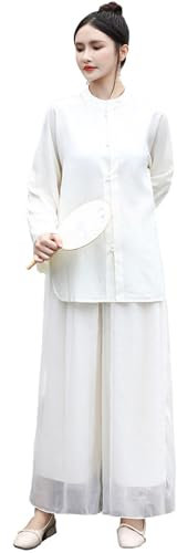 Tai-Chi-Uniform-Set für Damen, Kampfsport-Anzug, Langärmelig, Zen-Meditationskleidung, Kung-Fu-Top + Hosen-Set,White-L