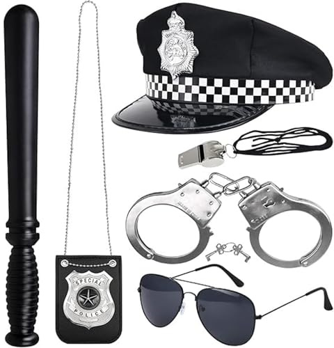 Fartoni Disfraz de Policía Unisex con Accesorios – Gorro, Placa, Gafas, Porra y Esposas Decorativas – Traje para Carnaval, Halloween y Fiestas Temáticas