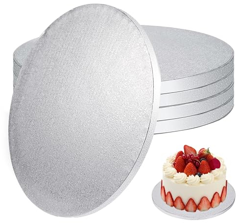 Sottotorta Tondo Cake Board 12 mm - Ø 30 cm - Argento - 5 Pezzi Cake Drum Rotondo, Vassoio Torta in Cartone, Riutilizzabili Base Torta Rivestita per Decorazione, Matrimoni, Compleanno