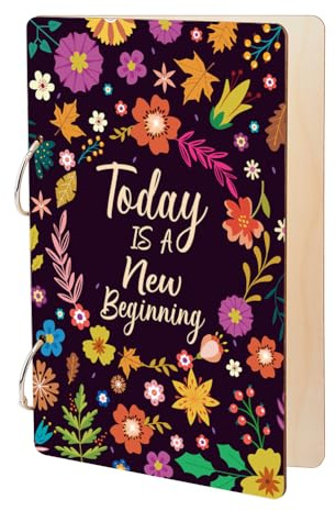 SUPERDANT Album Carte Postale de Vœux à Fleurs et Plantes Colorées en Bois Presentoir Carte Postale Today Is A New Beginning Journal Card Keeper Rangement Photo de Texte Inspirant avec 2 anneau