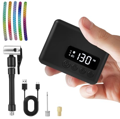 Mini Bike Pump 130PSI, Portable Bicycle Tire Pump with Pressure Gauge, Fast 30S Inflation for MTB/Road/E-Bike, Works with Presta & Schrader Valves, Includes Reflective Stickers