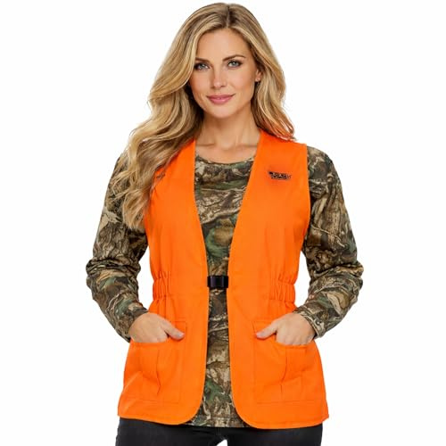 DSG Outerwear Women's Blaze Orange Hunting Vest 2.0 – High Visibility Fluorescent Hunting Safety Vest with C0 DWR Finish, Adjustable Fit Ladies Hunting Vest, Cargo Pockets for Field