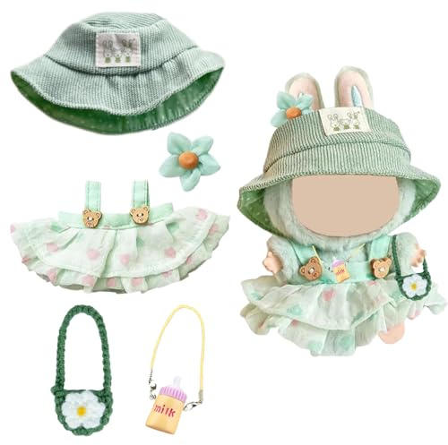 Ropa de Muñeca de 17 cm, Ropa de Peluche de 17 cm, 1 Vestido, 1 Sombrero, 1 Bolso Bandolera Pequeño y 1 Charm de Botella, para Muñeca de Peluche, Niño y Niña, Sin Muñeca (Verde)