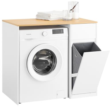 SoBuy Waschmaschinenschrank – Schrank mit Wäschekorb & Schublade, für Waschmaschine & Trockner, platzsparender Badezimmerschrank in Weiß Holzoptik, Skandinavisches Design, 100x60x90cm, BZR217-WN