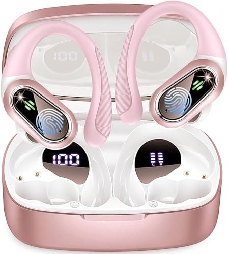 Auriculares Inalambricos Deportivos, Auriculares Bluetooth 5.3 con HD Mic y Reducción de Ruido ENC, 50H Cascos Inalambricos Bluetooth HiFi Estéreo, Pantalla LED, IP7 Impermeable Cascos Running, Rosa