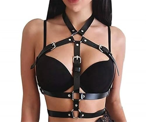 Zac's Alter Ego Gothic PU Leather Body Star Harness, Black Adjustable Straps with Metal Buckles, Waist Belt Suspender for Women, Club Costume Accessorie