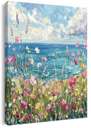 Canvas Wall Art Framed – Coastal Wildflower Meadow Artwork Colourful Seaside Oil Painting Style Wall Decor for Living Room Bedroom Hallway or Entryway Home Decoration with Hooks and Nails 12x16 Inch