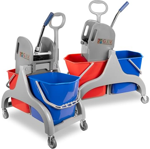 G.I.V. Profi Putzwagen Reinigungswagen - Doppelfahreimer mit Mopp-Presse, 2 x 25L Eimer-System, 360° Lenkrollen, Halterung, Leise & leicht fahrbar - für Gebäudereinigung, Büro, Klinik, Hotel, Schule